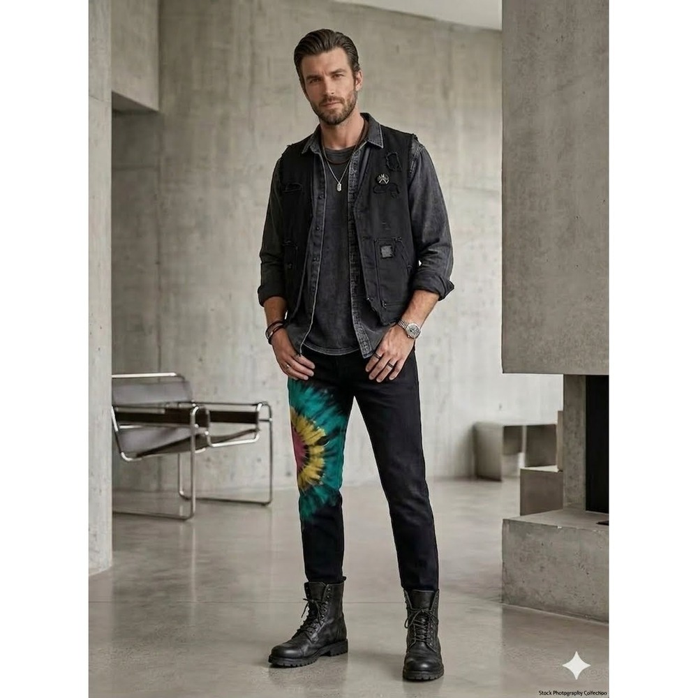 Golden Denim Mens‎ Y2K Blk Multicolor Tie Dye Distress Slim Jeans Snap Cuffs 36